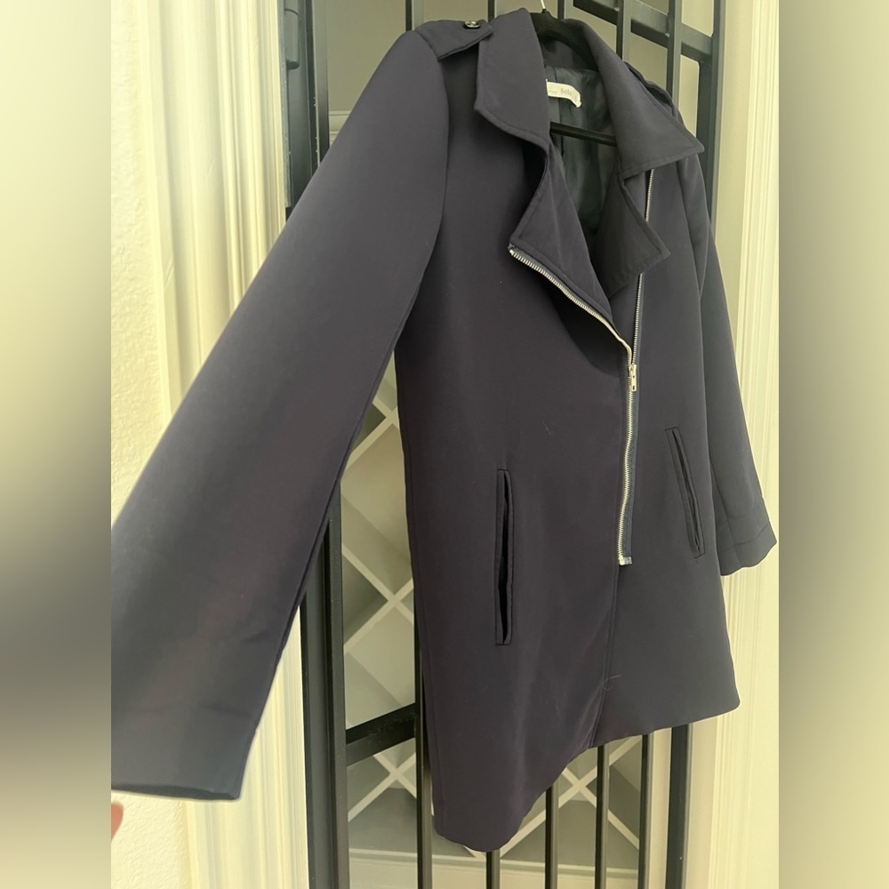 BEBE Navy Asymmetrical Zip Coat - Picture 3 of 9